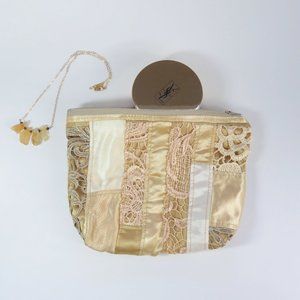 Make Up Bag Gold Lace Patchwork Zippered Pouch NWT